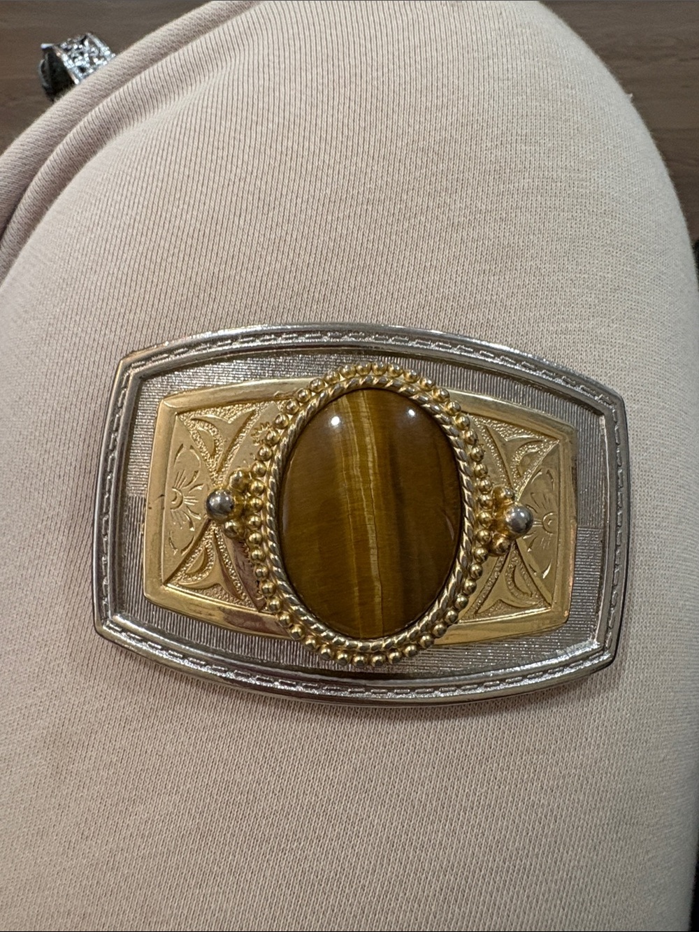 Brazilian Agate Stone Vintage Belt Buckle with Ornate Gold & White Border